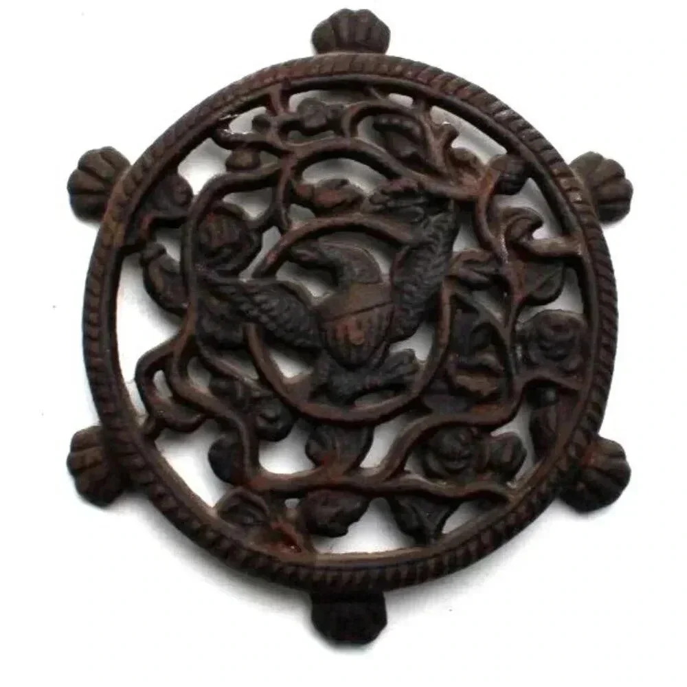 Vintage 1940's Japan Round Cast Iron Eagle & Roses Design Trivet Kitchen